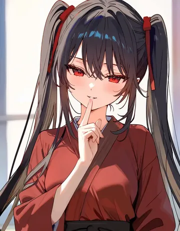 红绳双马尾古风少女，手指抵唇表情俏皮