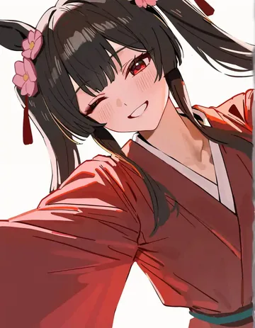 穿着红色浴衣的元气少女，眨眼吐舌充满活力