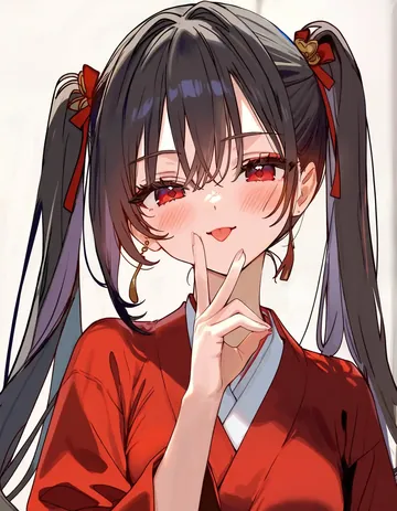 黑发双马尾少女低头轻笑，手轻触嘴角十分害羞